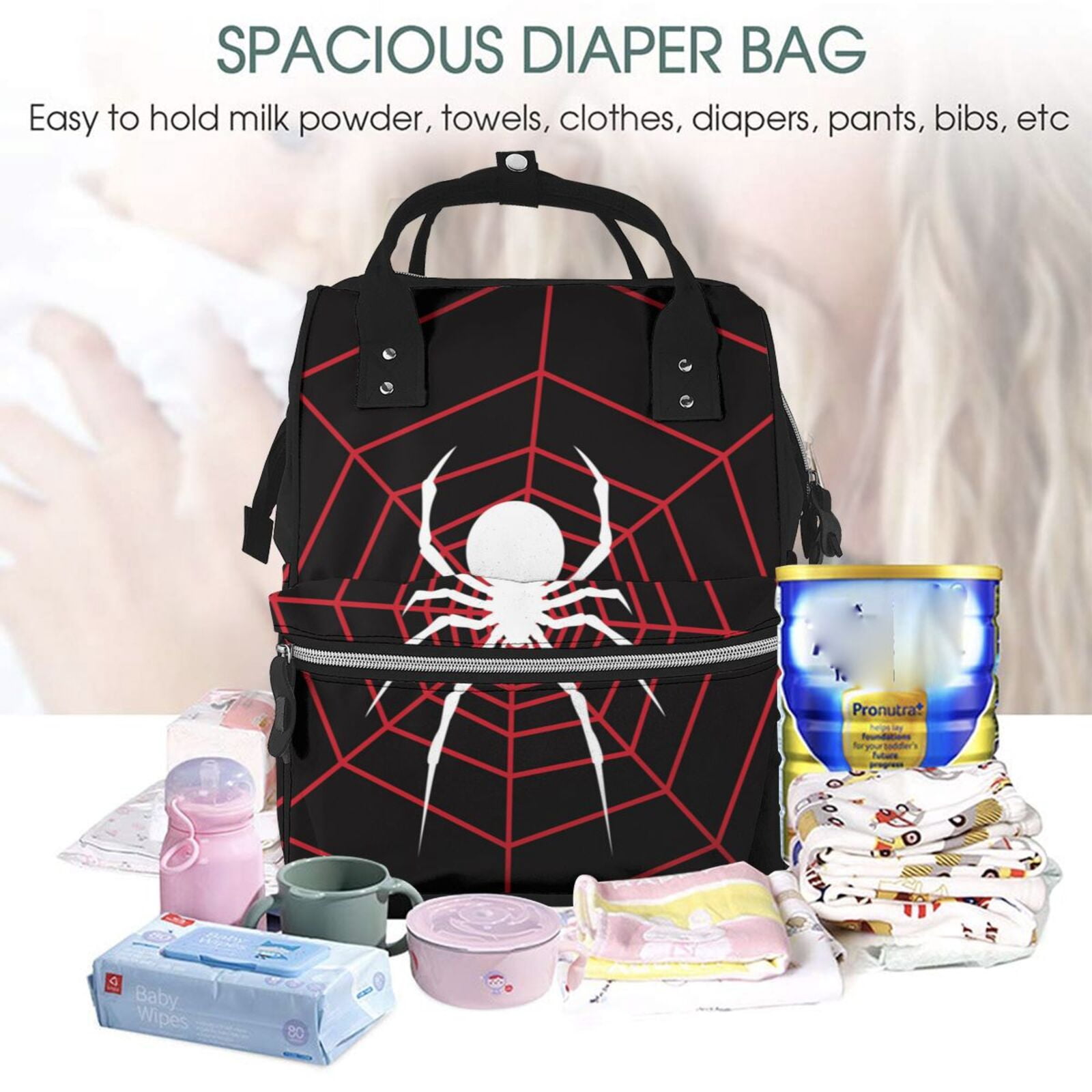 Ratiio Spider On The Web Mummy Backpack - Waterproof Twill Canvas, Large Capacity Diaper Bag with Multiple Pockets and Adjustable Straps