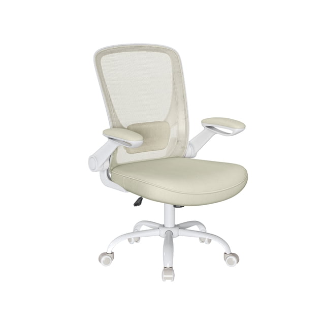 Silla Ergonómica de Oficina, Silla Giratoria con Malla, Soporte Lumbar y Reposacabezas, Reposabrazos Abatibles, Beige