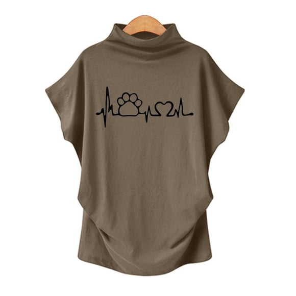 Women Turtleneck Short Sleeve Cotton Print Casual Blouse Top T Shirt Plus Size