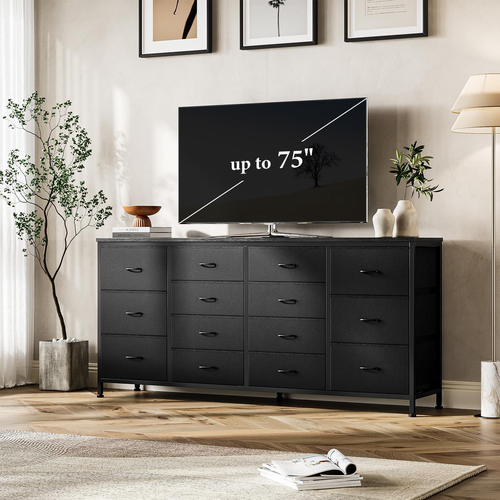 Dresser TV Stand with Charging Station for 65 70 75 Inch TV Stand for Bedroom with 14 Drawers Long Dresser for Bedroom Entertainment Center with Storage Fabric Dresser for Living Room