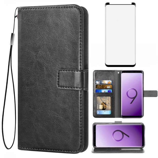 Mobile Phone Cover for Samsung S9, Cover Premium Pu Leather Tpu Flip Cover Magnetic Closure Card Compartment Stand Function Wallet with Lanyard Protective Cover