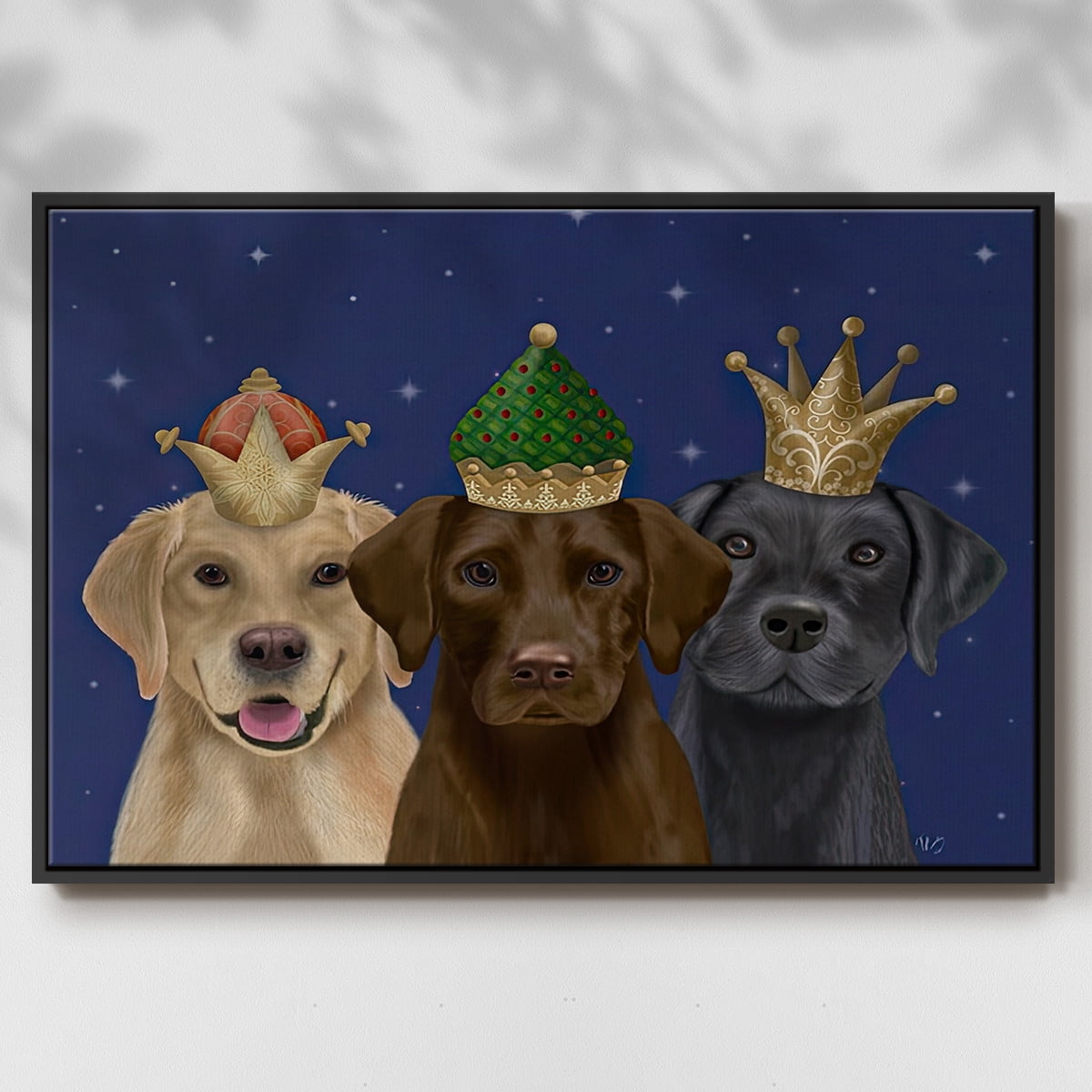 Christmas Labradors, Three Kings - Framed Gallery Wrapped Holiday Canvas - 25 x 37 - Black Frame