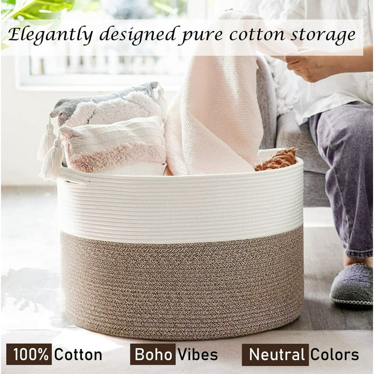 Mkono Woven Storage Basket Decorative Rope Basket Wooden Bead Decoration  for Blankets,Toys,Clothes,Shoes,Plant Organizer Bin with Handles Living  Room