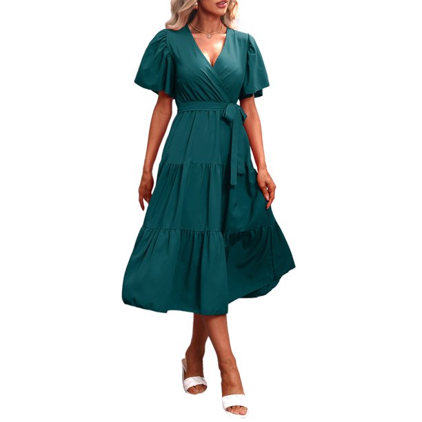 VISgogo Vestido Midi Elegante de Verano para Mujer, Vestido de Manga Corta con Cuello en V de Color Sólido con Cinturón para Fiesta en la Playa VISgogo moda