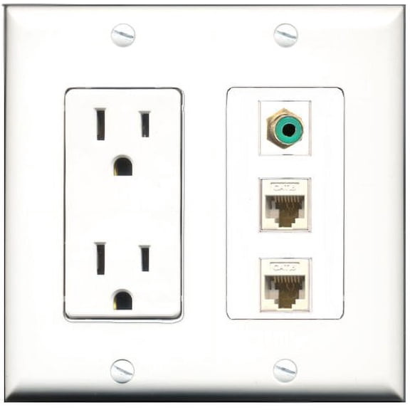 RiteAV - 15 Amp Power Outlet 1 Port RCA Green 2 Port Cat6 Ethernet Ethernet White Decorative Wall Plate
