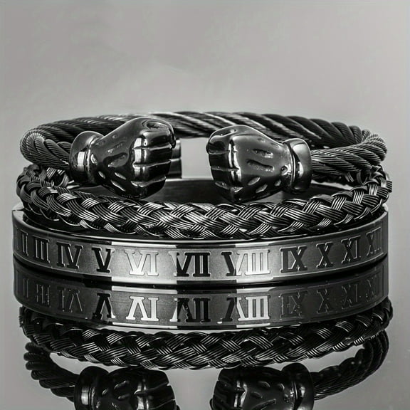 3-piece set of men's 316L stainless steel fist bracelet Roman numeral bracelet hip-hop accessories,Black