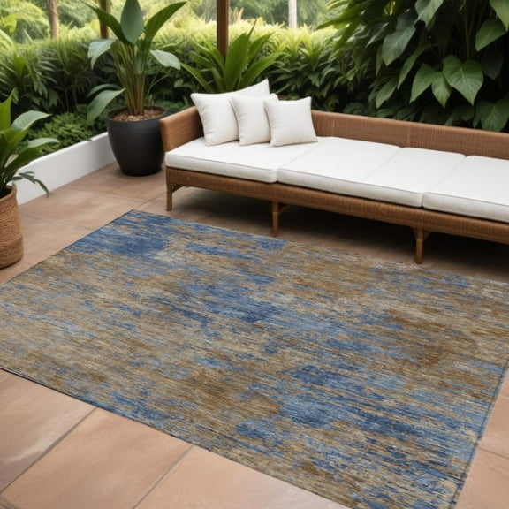 8' X 10' Navy Blue And Brown Abstract Washable Indoor Outdoor Area Rug