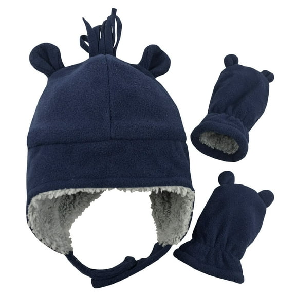 N'Ice Caps Toddler Boys Baby Fleece Hat Mitten Winter Set with Ears - Infant Kids Sherpa Lined Navy