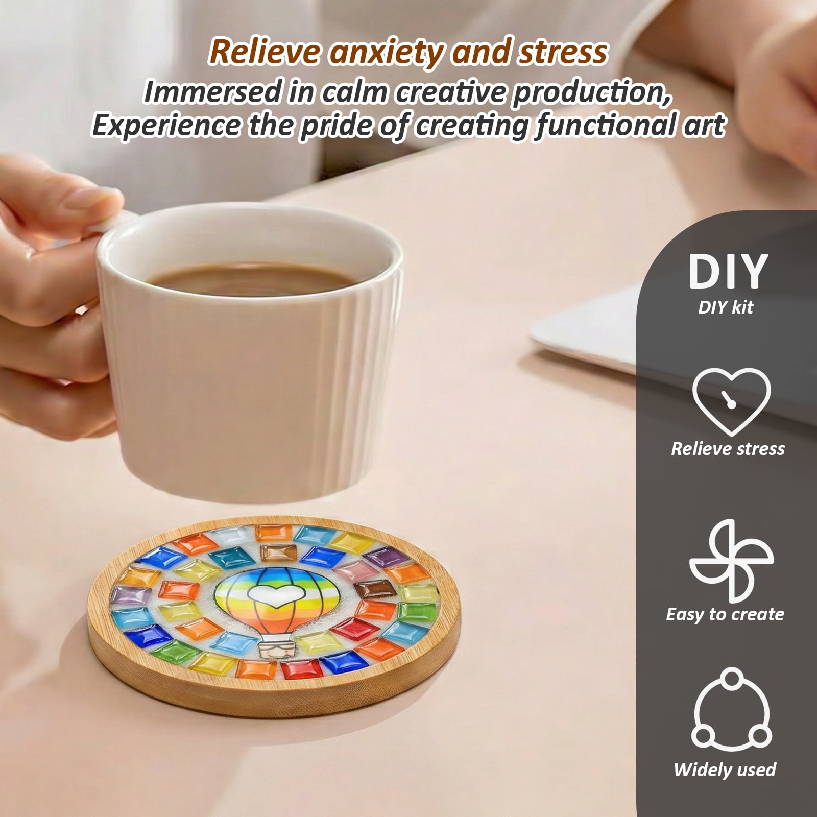 3 Pcs DIY Mosaic Kit for Adult Glass Tile for Craft with Bamboo Cup Pad for Women Mixed Color Mosaic Art Craft Cup Mat Project Handmade Making Kit Set for Home Decor Present