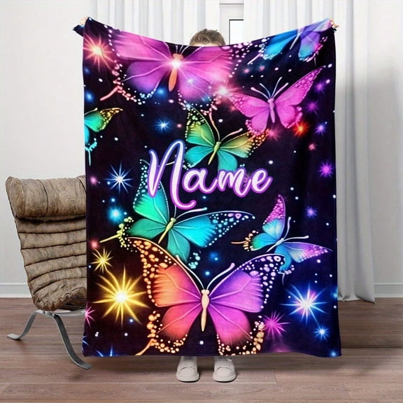 HELLOYOUNG Personalized Throw Blanket Lightweight Flannel Soft Warm Cozy Butterfly Name Custom Blanket for Bed Sofa Travel Flannel Fabric Super Soft Plush Blanket
