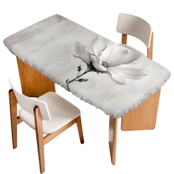 White Floral Fitted Rectangle Tablecloth 24" x 50" Modern Minimalist Art Botanical Flower Petal Grey Elastic Table Cloth Fits for 4 Foot Folding Tables Waterproof Table Cover for Picnic Camping