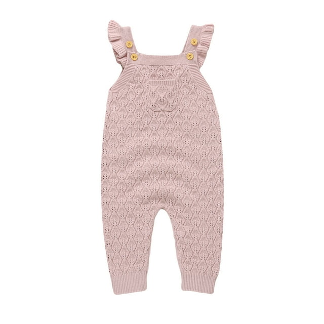 Gupgi Infant Girls Sweater Rompers Baby Knit Jumpsuits OverallsSolid Color Buttons Fly Sleeve Toddler Fall Bodysuits