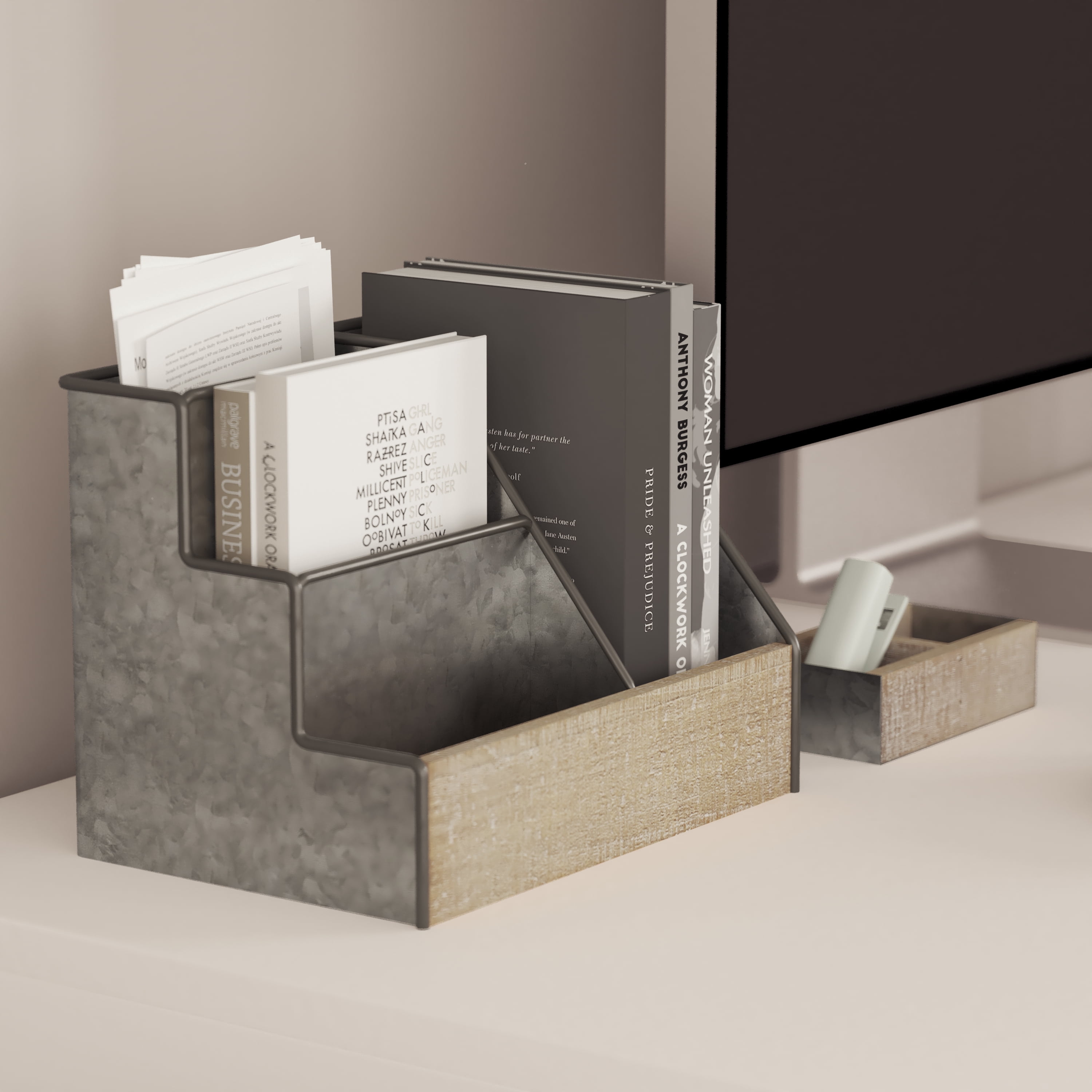 Merrick Lane 3 Piece Desk Organizer Set for Desktop, Countertop, or Vanity in Galvanized Finished Metal and Rustic Wood