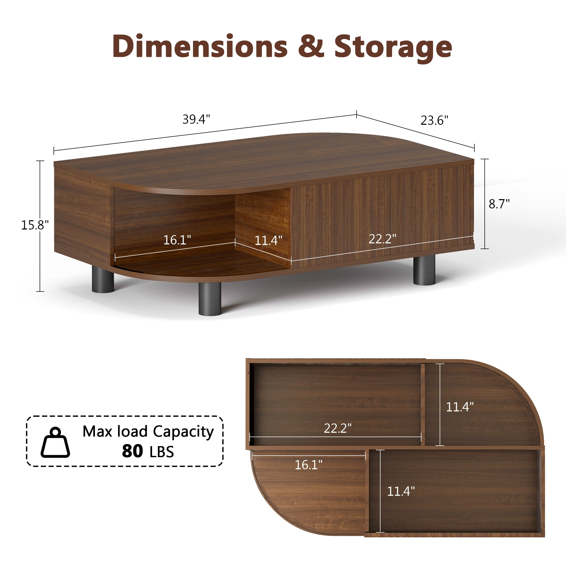Anrist Wood Coffee Table with Storage & Fluted Sliding Doors for Living room, Unique Leaf-Shaped Design, Walnut
