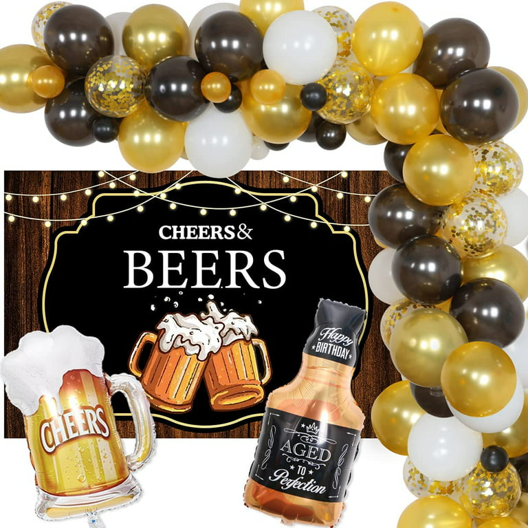 Cheers and Beers Party Decorations - Black and Gold Balloon Garland Kit  with Backdrop for Men 21/25/30/35/40/50/60/70 Whiskey, Vintage Birthday  Decorations or Wedding Anniversary 