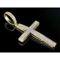 Men's 10K Yellow Gold 2 Rows Genuine Diamond Cross Pendant Charm 0.12 Ct 1.5"