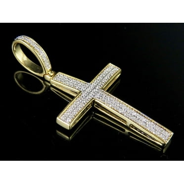 Men's 10K Yellow Gold 2 Rows Genuine Diamond Cross Pendant Charm 0.12 Ct 1.5"