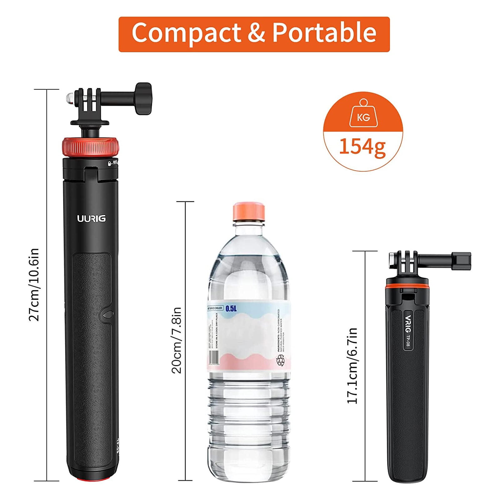 VRIG TP-08 Portable Selfie Stick Handheld Tripod Stand For GoPro Hero 12/11/10/9, For Vlog Live Streaming Selfie Video Recording