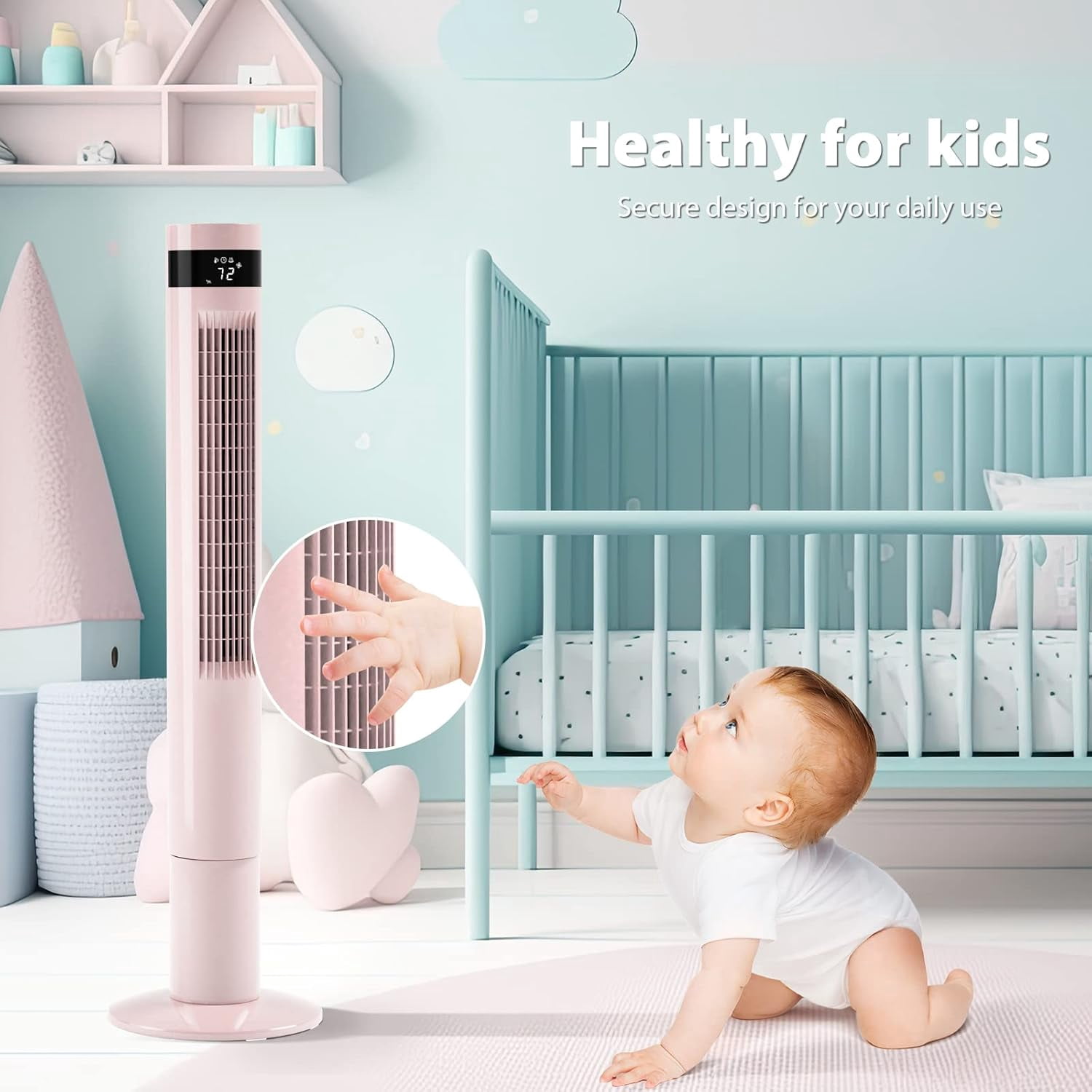 WAA 43" Pink Tower Fan Standing Oscillation Fan with Remote,3 Wind Modes,Time Settings,LED Display for Office