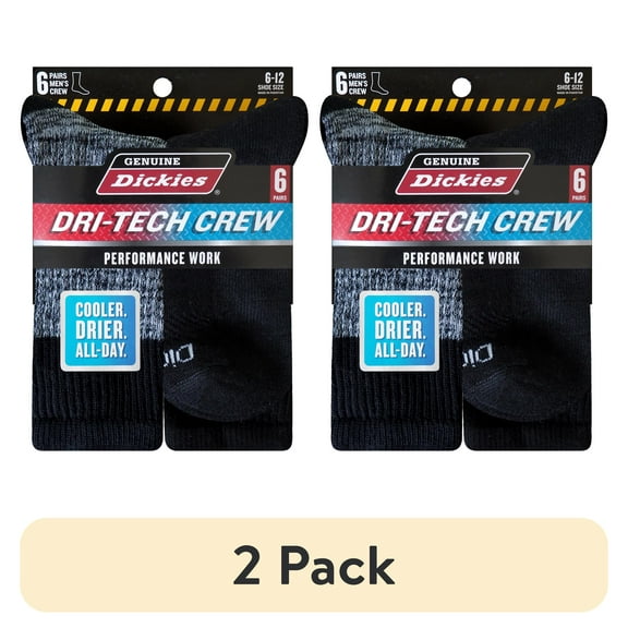 (2 pack) Genuine Dickies Men's Dri-Tech Crew Socks, 6-Pack, Sizes 6-15