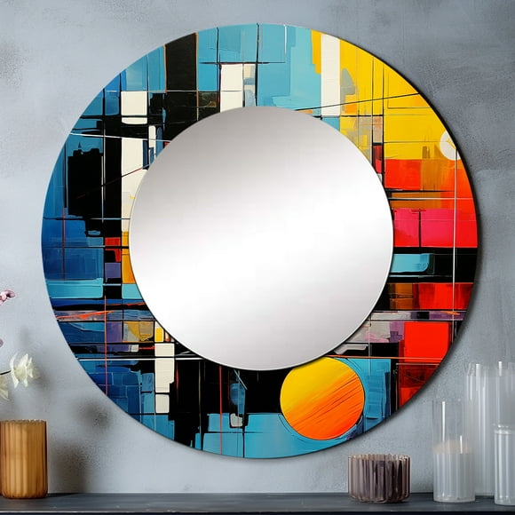 Designart "Blue Orange Mid Century modern Reflections II" Abstract Collages Round Mirror Wall Décor Mid-Century - Large Blue Round Mirror - Round Mirror 23" x 23" Inch