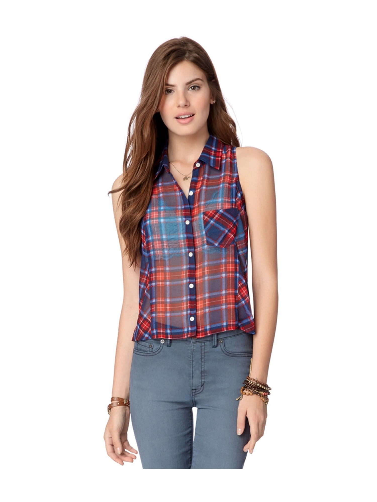 Aeropostale Womens Sheer Plaid Button 