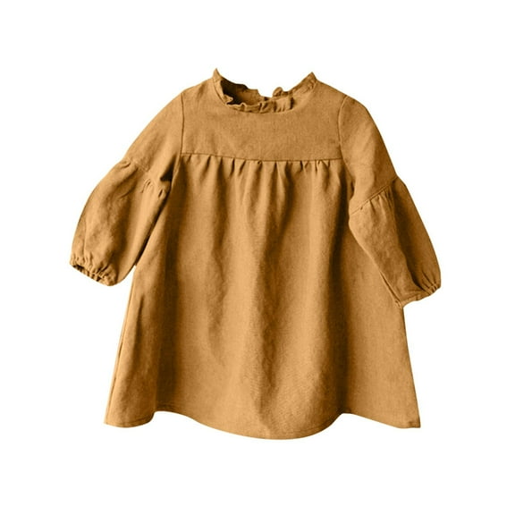 HAiming Girls Lantern Long Sleeve Round Neck Dress Kids Casual Solid Color Loose A-Line Princess Dresses for 1-6 Years