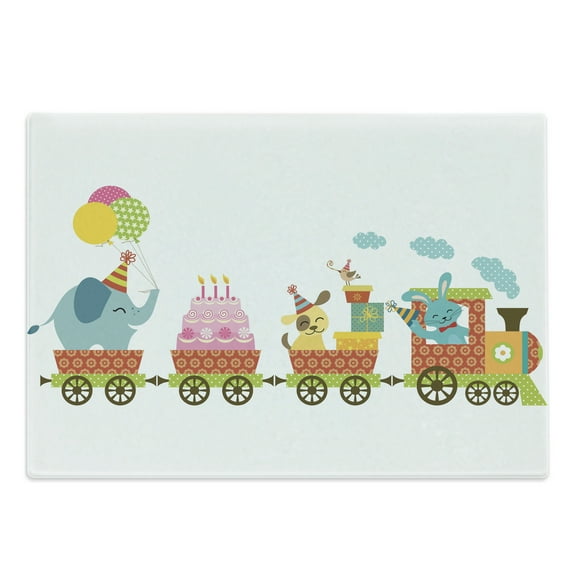 Birthday Party Cutting Board, Happy Cartoon Style Cake Dessert Animals Balloons in a Party Train Image, Decorative Tempered Glass Cutting and Serving Board, Large Size, Multicolor, by Ambesonne