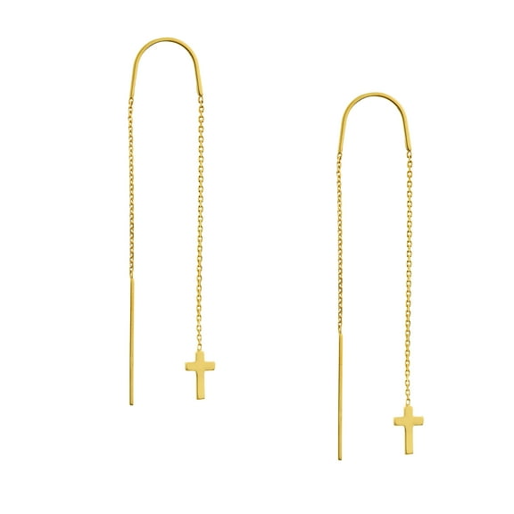 14K Yellow Gold Polished Cross Threader Earrings - Women