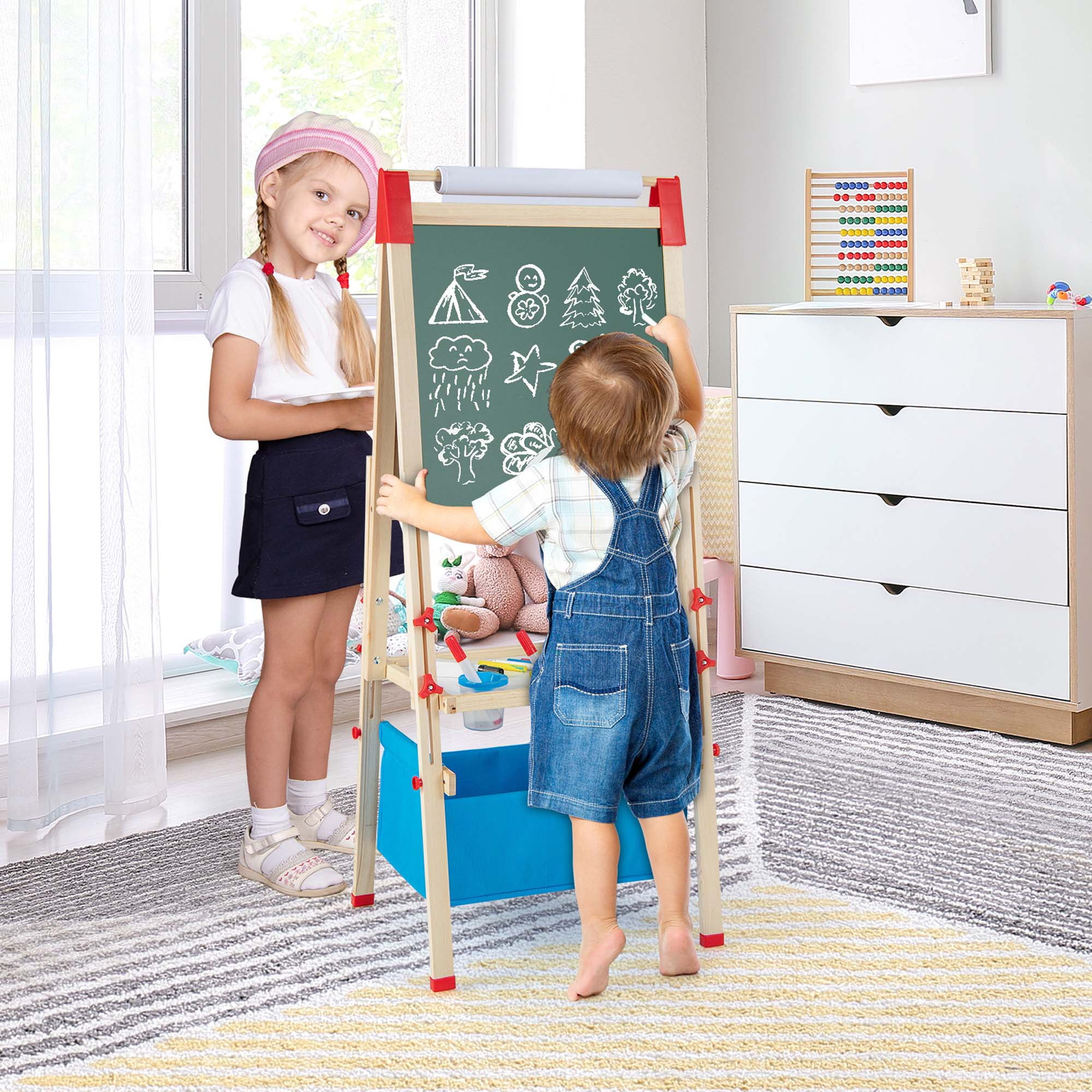 Costway 3-in-1 Kids Art Easel Double-Sided Wooden Adjustable Magnetic Drawing Board