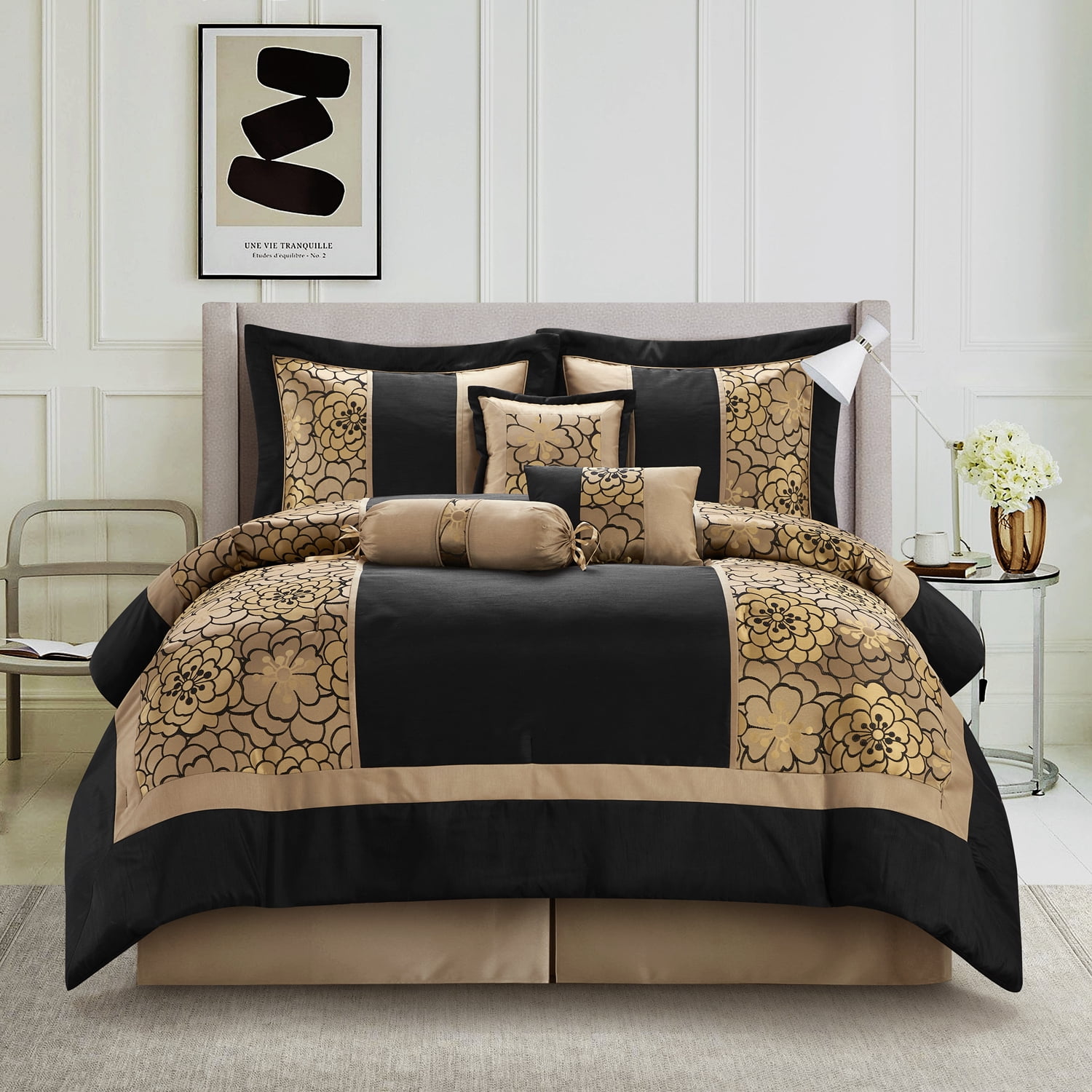 Lanco Black and Gold Comforter Set Queen Size , 7 Piece Jacquard Soft