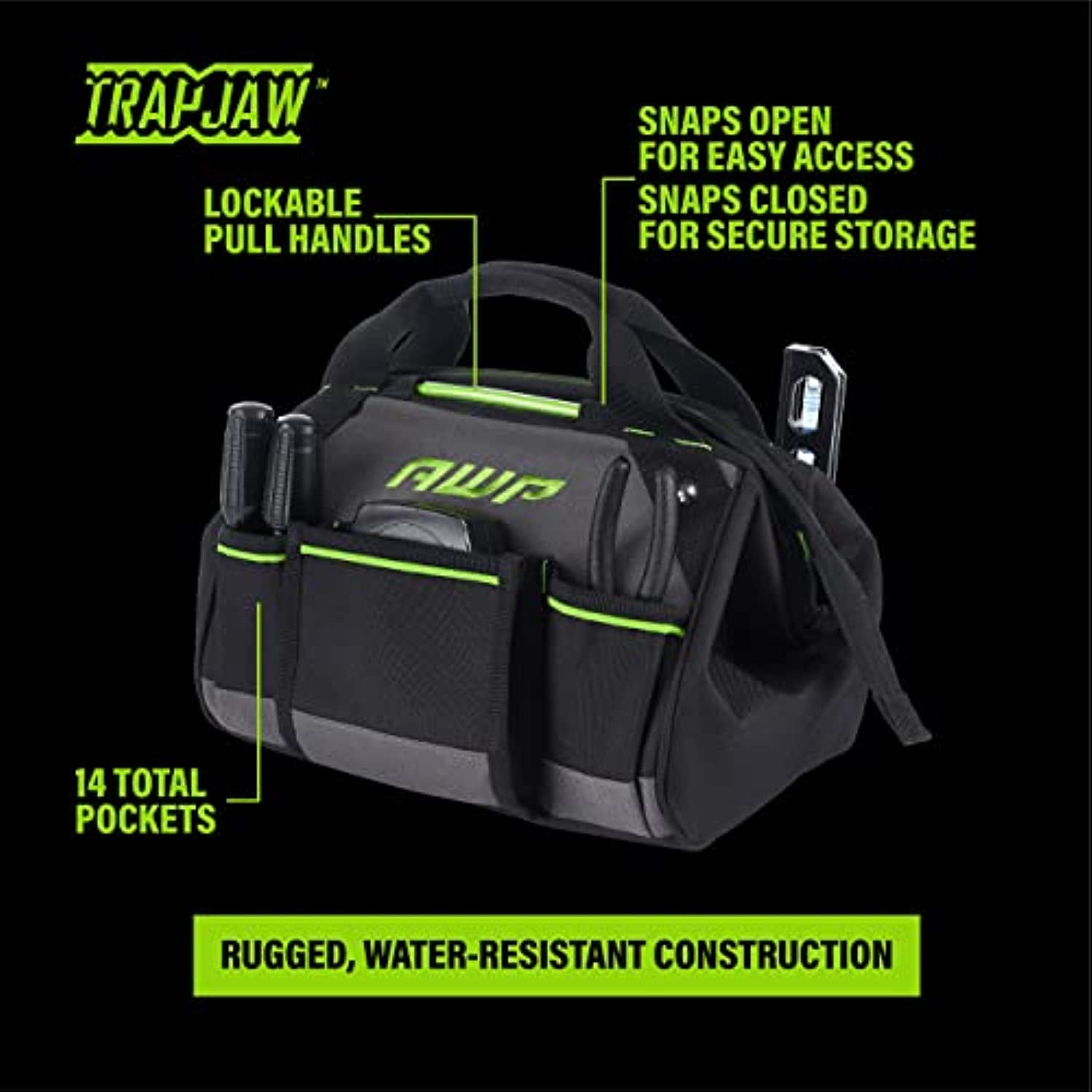 AWP 12 Inch TrapJaw Tool Bag with Spring-Loaded Technology and Lockable Pull Handles, Water-Resistant Construction