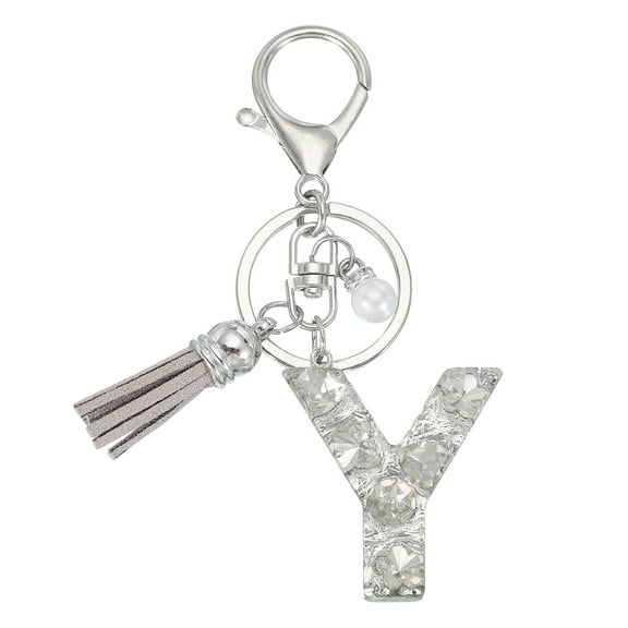 Uxcell Initial Letter Keychain with Tassel and Pearl, Bling Alphabet Letter Y Keyring Rhinestone Keychains with Key Ring for Key Purse Bags Handbags Car Key Cup, Silver