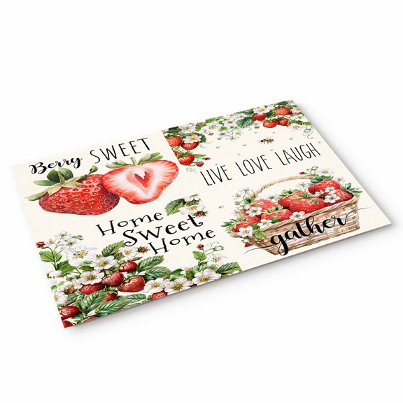 Strawberry Door Mat Summer Flower Fruit Non Slip Absorbent Entrance Mat Washable Low Profile Indoor Doormat for Front Door Entryway Entry 18"x30"