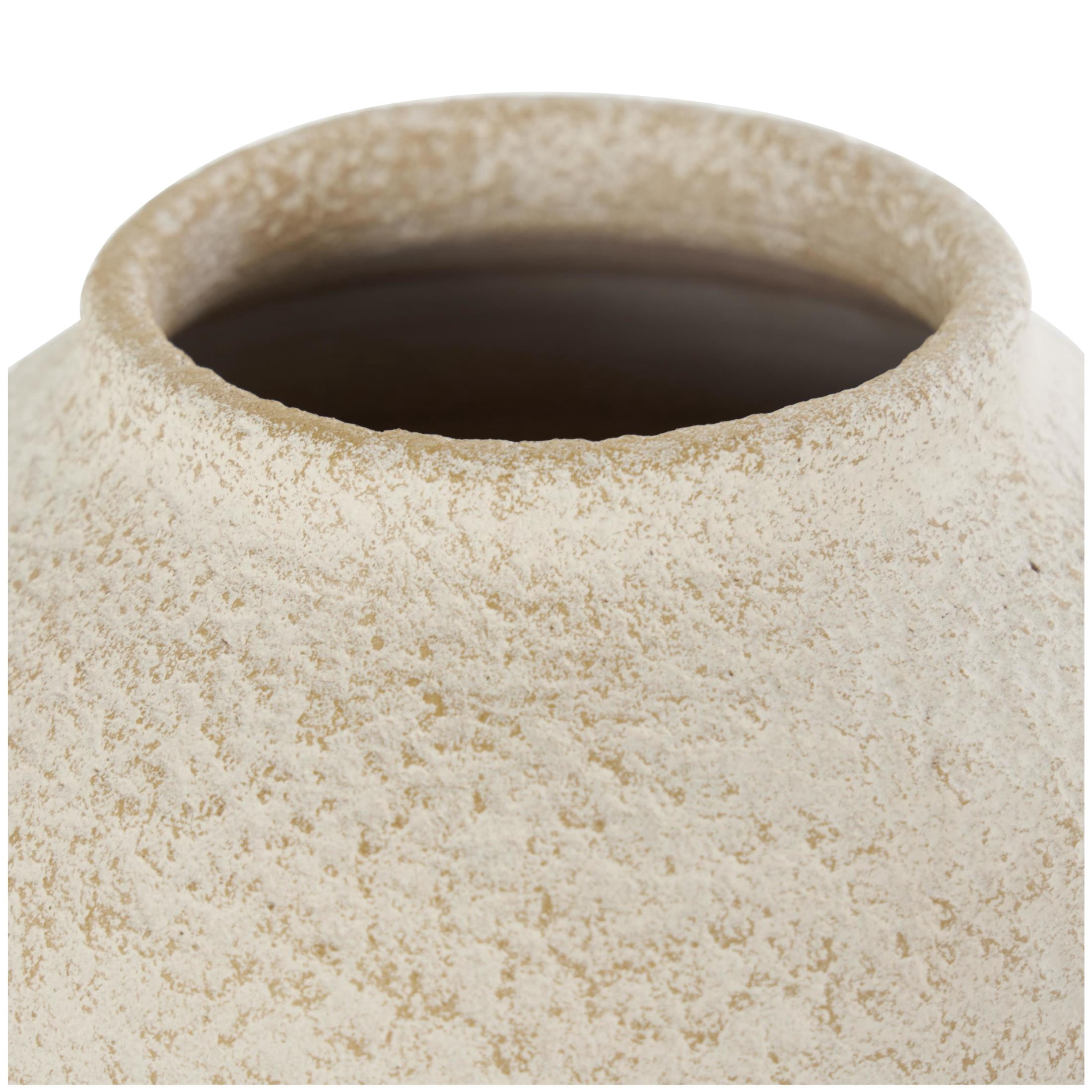 DecMode 15" Hourglass Textured Cream Ceramic Vase with Brown Distressing