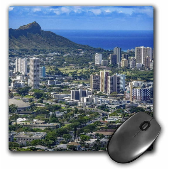 3dRose, Elevated view of downtown Honolulu and Diamond Head, Oahu, Hawaii., MousePad
