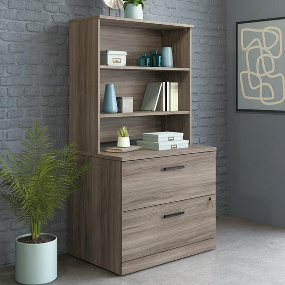 Sauder Affirm Engineered Wood 36" x 36" Storage Hutch in Hudson Elm/Gray