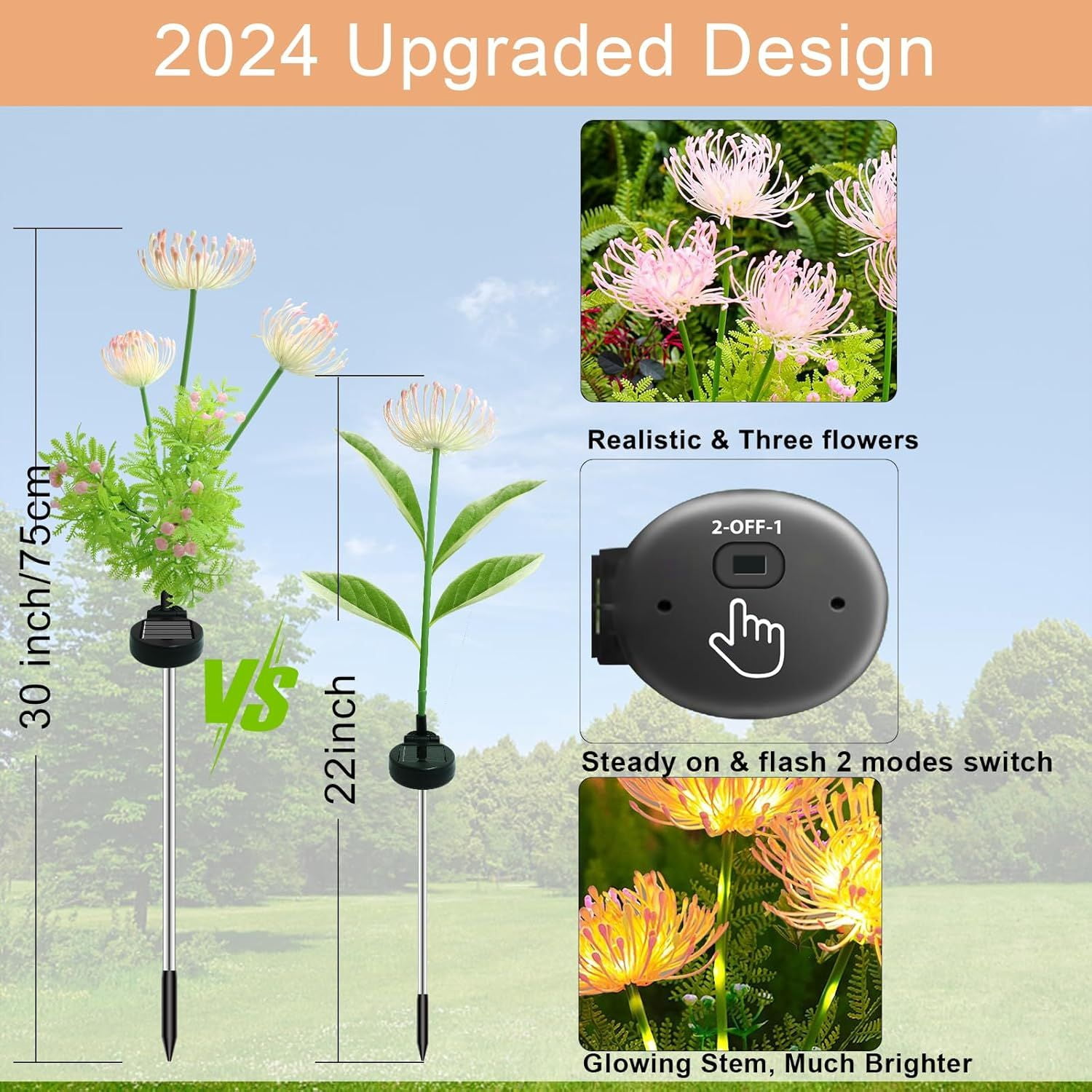 4 Pack Solar Garden Lights Outdoor, Solar Flower Lights for Yard with Lighting Modes, Glowing Flowers & Stems, Auto ON/Off Outdoor Light for Garden Decoration