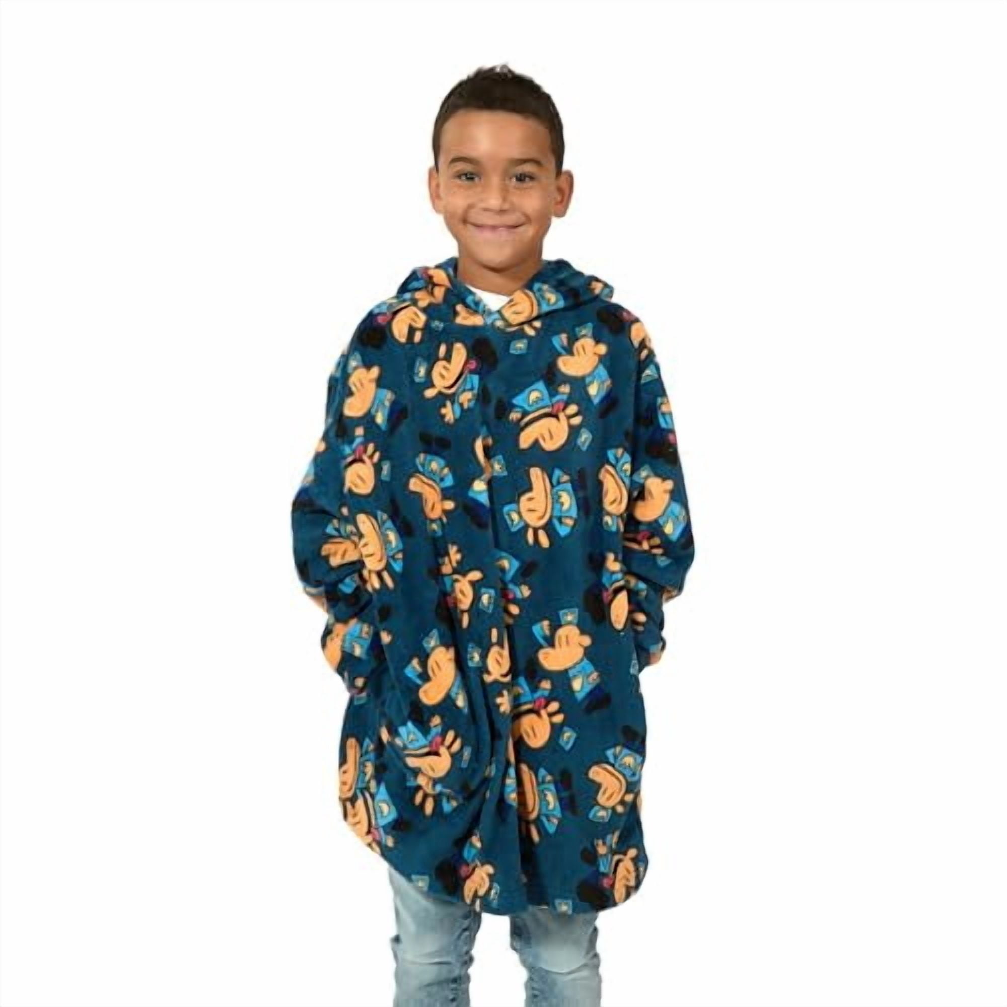 Dog Man All-Over Character Print Long Sleeve Boy's Blue Oversized Wearable Kids Hoodie Blanket-L/XL