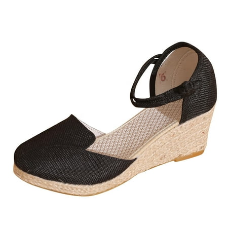 

Sandals Women Slope Heel Breathable Shoes Linen Black 41