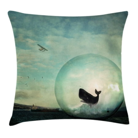 Multi Colored Accent Whale Decor Throw Pillow Cushion Cover, Environmental Image with a Whale in an Egg near a Oil Tank and Plane Artwork, Decorative Square Accent Pillow Case, 24 X 24 Inches, Multi Colored, by Ambesonne ()