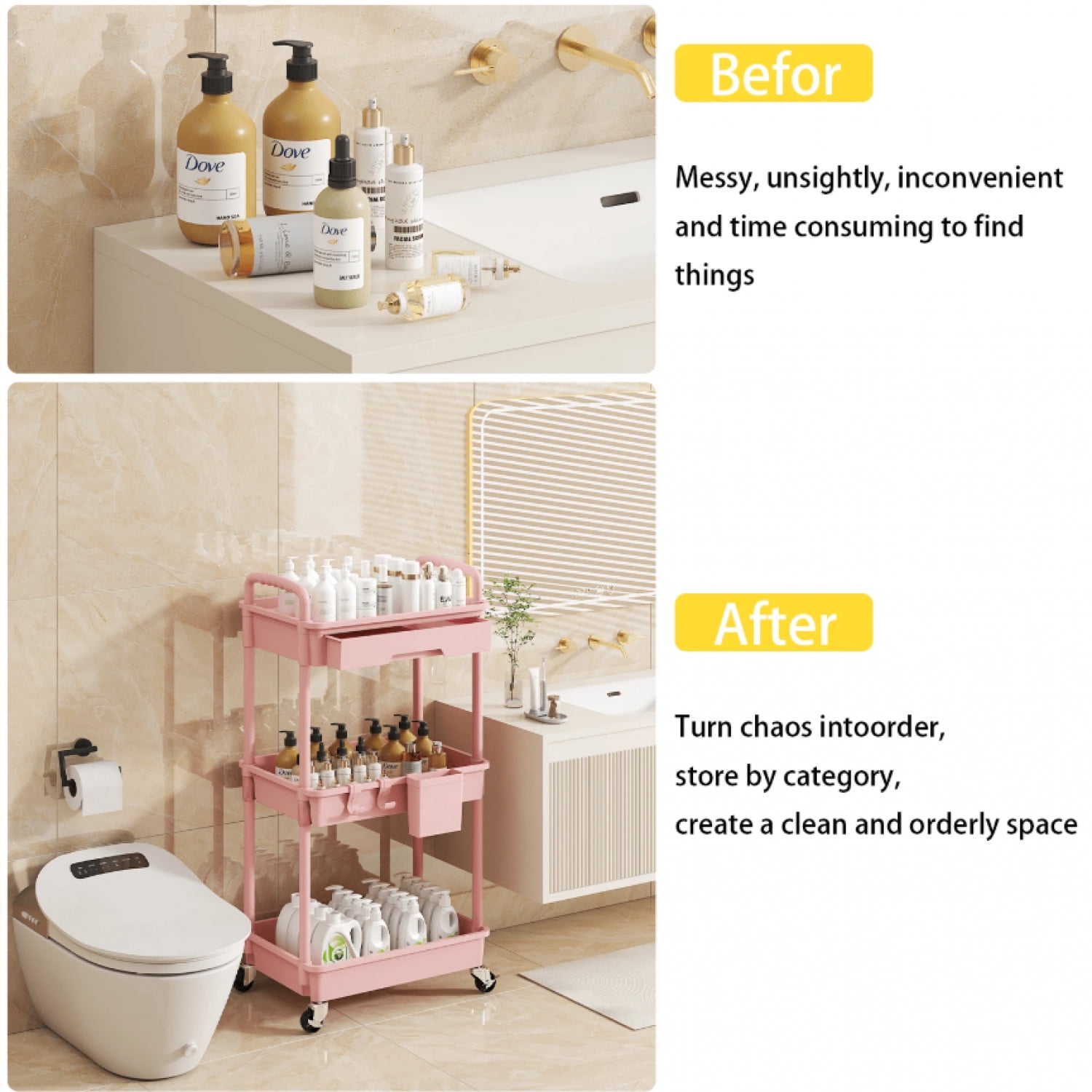 NTGFU 3 Tier Rolling Storage Cart with Drawers Rolling Utility Cart with Drawers,Room Decor,Bathroom Decor,Rolling Utility Cart Rolling Storage Organizer Tool for Kitchen,Pink