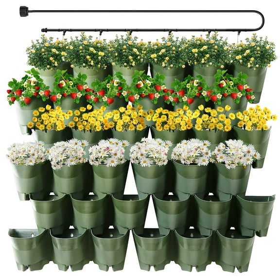 WORTH 36 Pockets Self Watering Vertical Planters Indoor Outdoor Living Wall Mounted - 9' Automatic Dripping Irrigation System Hose Kit Stackable Plastic Pot Herb Plants Home Balcony Decoration