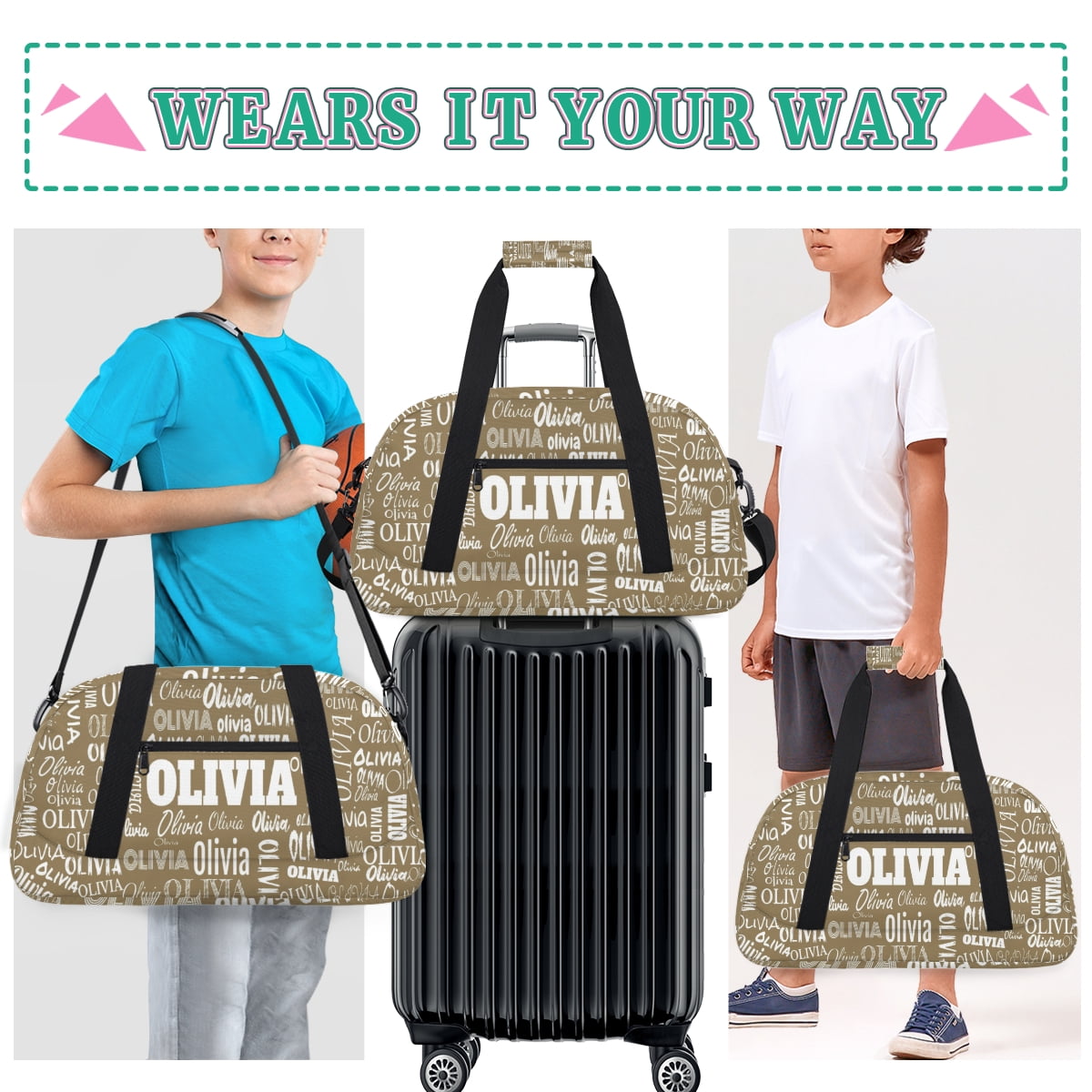 Personalized Gym Bag for Girls Custom Dance Bag Overnight Swimming Sports Bag Light Khaki
