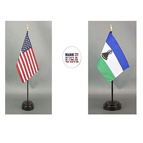 Made in The USA. 1 American and 1 Lesotho Rayon 4"x6" Miniature Office Desk & Little Hand Waving Table Flag, Includes 2 Flag Stands & 2 Small 4"x6" Mini Stick Flags