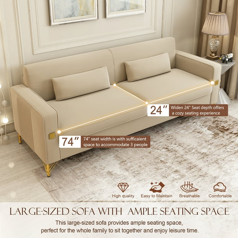 Beige Modern Fabric 3 Seater Sofa Couch Metal Leg Office Living