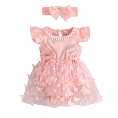 

Girls Fly Sleeve 3D Butterfly Tulle Romper Ribbed Bodysuits Dress Headbands Set Baby Girl Newborn Outfit Baby Boy Winter Clothes Matching Sister Outfits