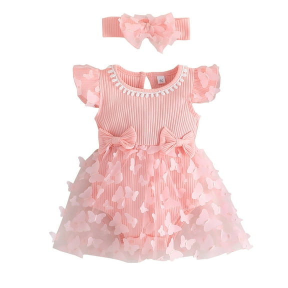 Otqutp Toddler 2024 Playsuit Girls Fly Sleeve 3D Butterfly Tulle Romper Ribbed Bodysuits Dress Headbands Set 0 to 24 Months