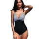 thumbnail image 3 of Sonducket Traje de baño a rayas para mujer, traje de baño de 1 pieza con cuello en V, correa ajustable para el hombro, ropa de playa de verano Traje de baño 4xI, 3 of 6