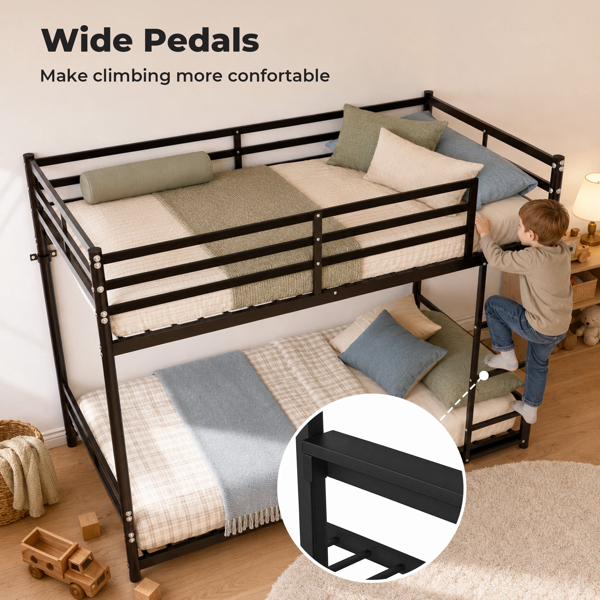 Alvantor Bunk Bed Twin over Twin, Metal Low Bunk Bed for Kids with Ladder and Anti-tip Bracket Black